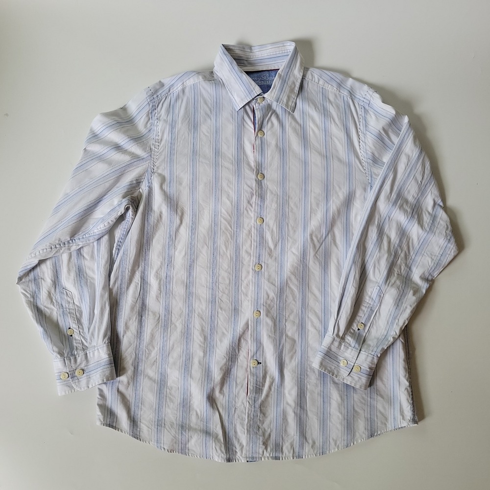 Tommy Bahama Flip Cuff Button Up Shirt Large Blue Striped Casual Coastal Preppy